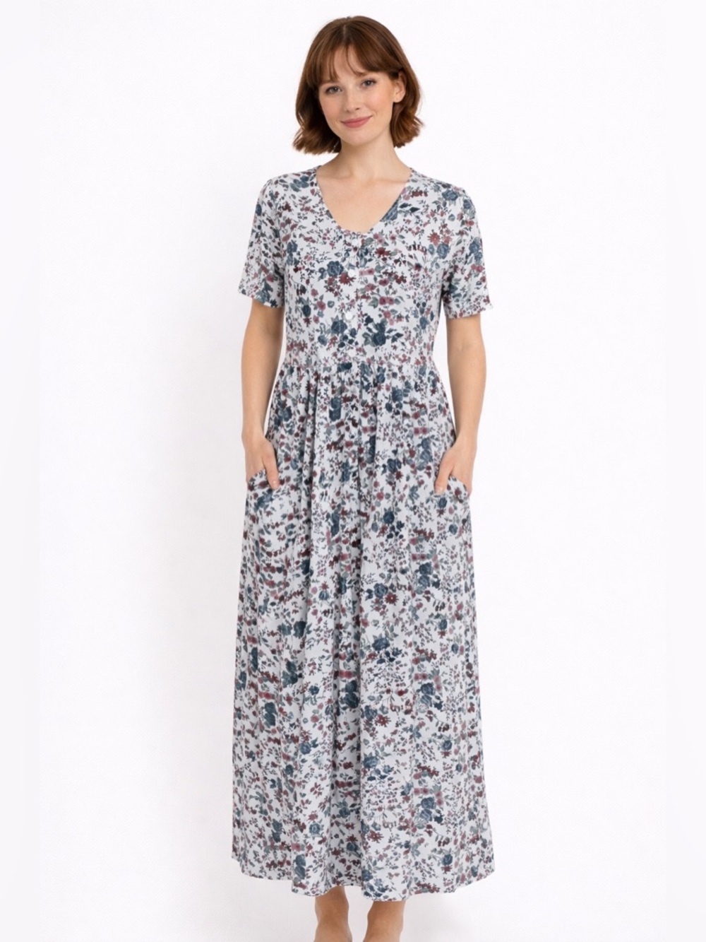 Vintage 80s Floral Maxi Dress Cottagecore Prairie Dress Pockets Soft Tee Fabric